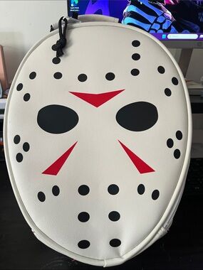 Hockey Mask Graphic Crossbody Bag — White with Black & Red Accents